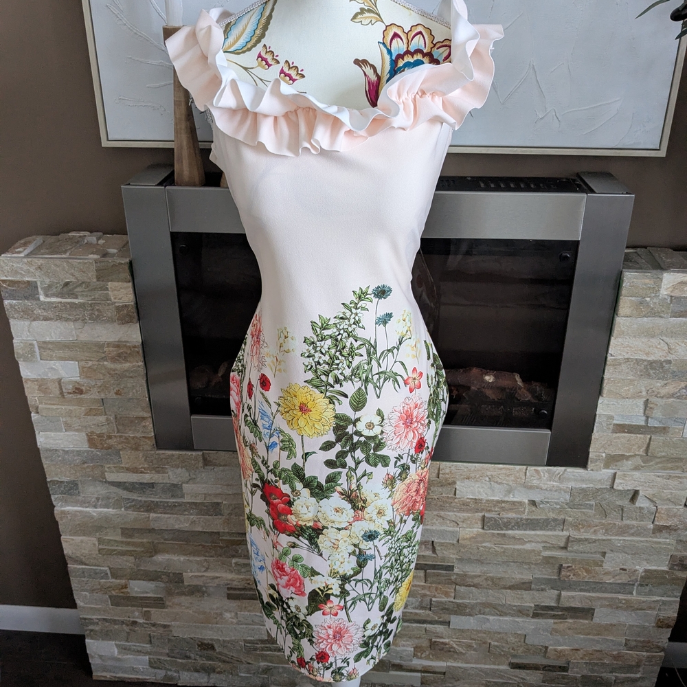 Elegant Pink Floral Midi Dress with Ruffle Detail